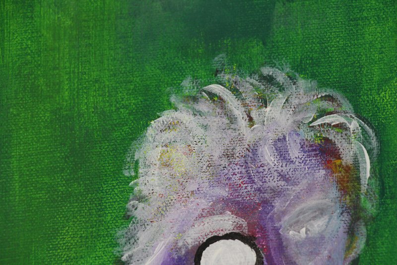 The cropped white hair of sept neuf, dry strokes on green.